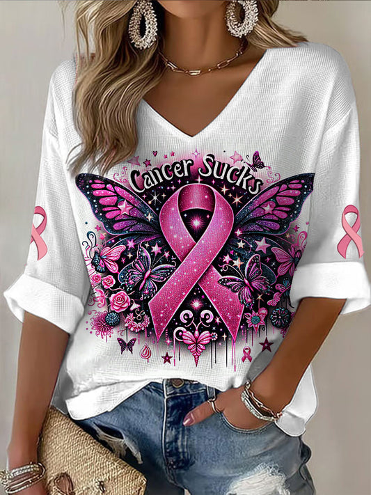 Women's V-neck Mid-Sleeve Breast Cancer Printed Casual T-shirt