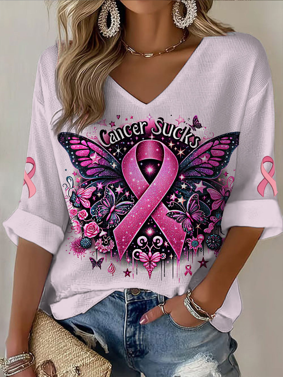 Women's V-neck Mid-Sleeve Breast Cancer Printed Casual T-shirt