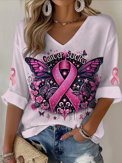 Women's V-neck Mid-Sleeve Breast Cancer Printed Casual T-shirt