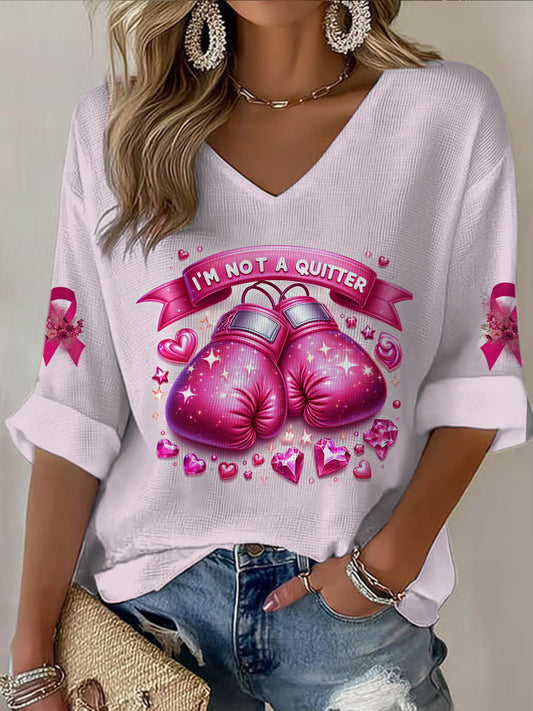 Women's V-neck Mid-Sleeve Breast Cancer Printed Casual T-shirt