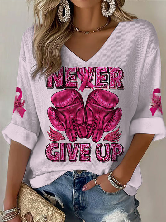 Women's V-neck Mid-Sleeve Breast Cancer Printed Casual T-shirt