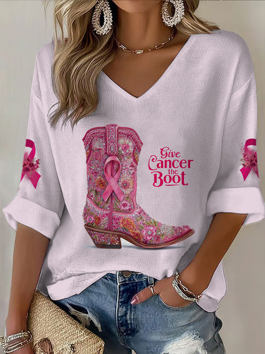 Women's V-neck Mid-Sleeve Breast Cancer Printed Casual T-shirt
