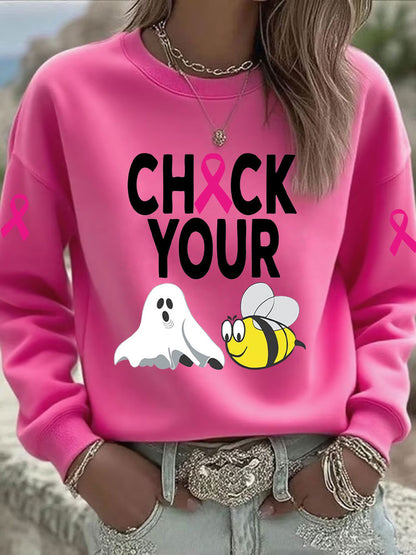 Women's Breast Cancer Awareness Check Your Boo Bees Printed Casual Sweatshirt