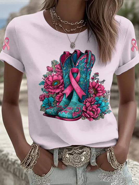 Women's Breast Cancer Printed Vintage Fashion Loose Short Sleeve T-Shirt