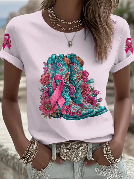 Women's Breast Cancer Printed Vintage Fashion Loose Short Sleeve T-Shirt