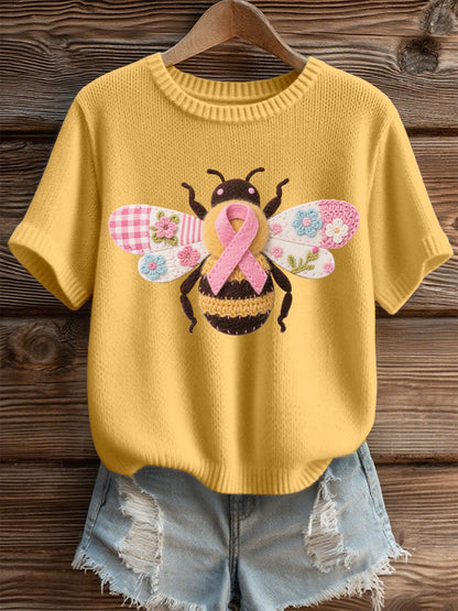 Women's Breast Cancer Awareness Bee Print Casual T-Shirt