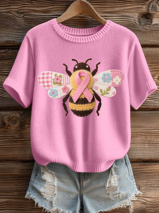 Women's Breast Cancer Awareness Bee Print Casual T-Shirt