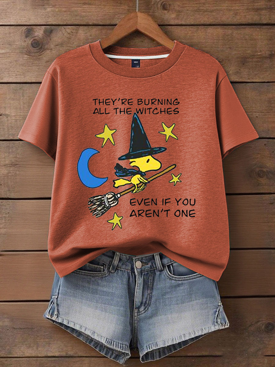 Women's Music Lover Halloween They're Burning All The Witches Printed T-Shirt