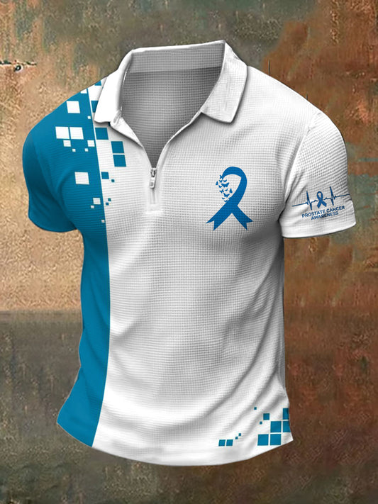 Men's Prostate Cancer Print Polo Neck Waffle Short Sleeve T-Shirt