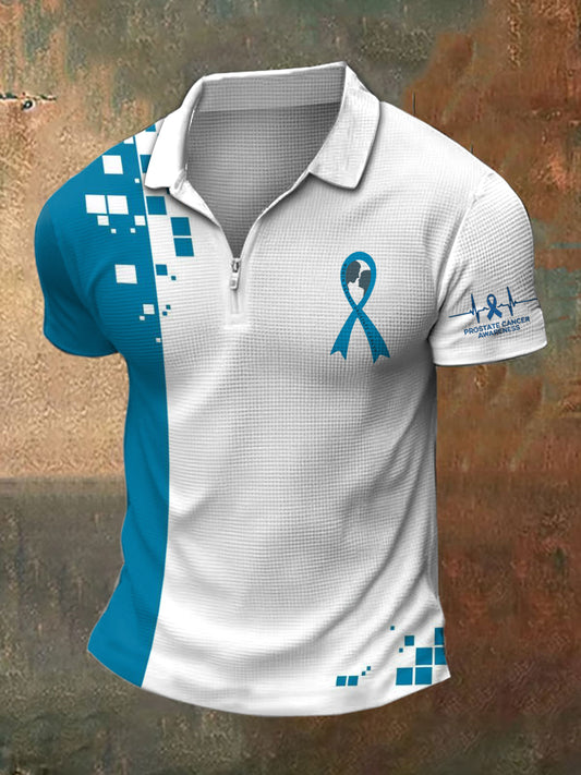 Men's Prostate Cancer Print Polo Neck Waffle Short Sleeve T-Shirt