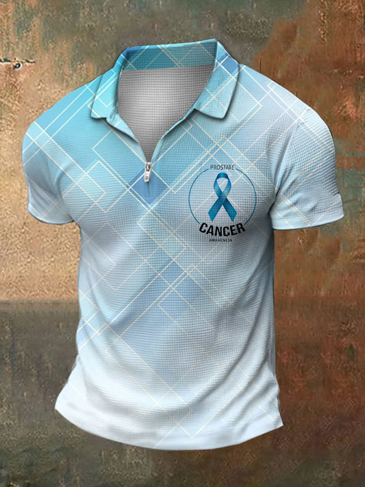 Men's Prostate Cancer Print Polo Neck Waffle Short Sleeve T-Shirt