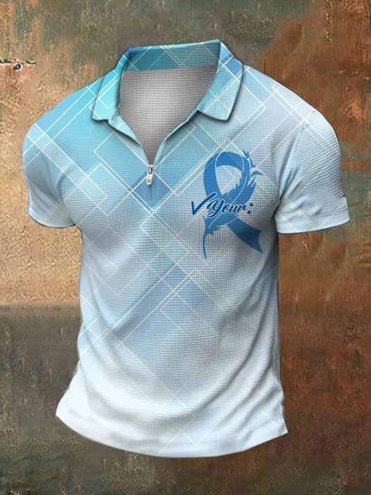 Men's Prostate Cancer Print Polo Neck Waffle Short Sleeve T-Shirt
