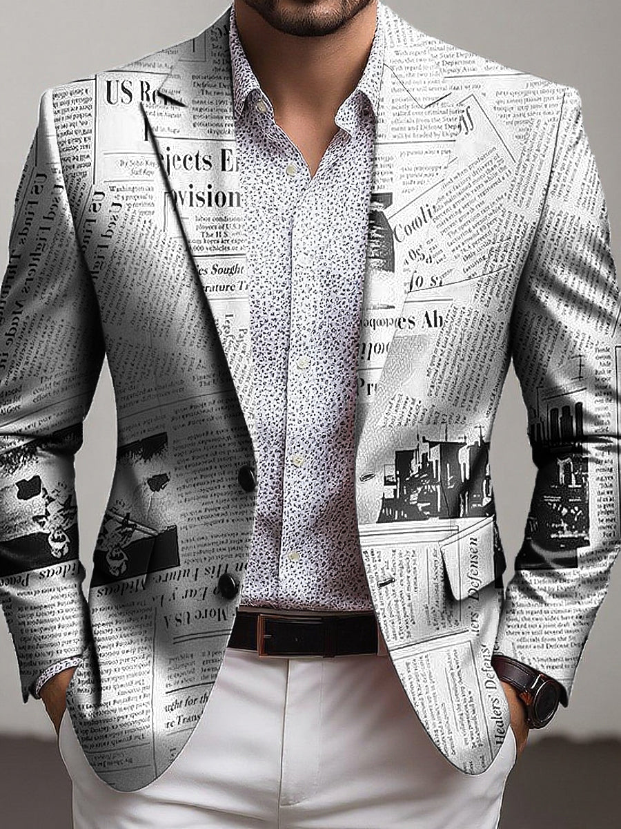 Men's Vintage Newspaper Print Business Casual Blazer