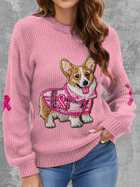Womens' Breast Cancer Dog Printed Round Neck Comfortable Sweater