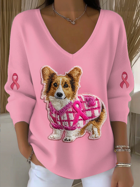 Women's Breast Cancer Corgi Printed Knit V-Neck Pullover Sweater