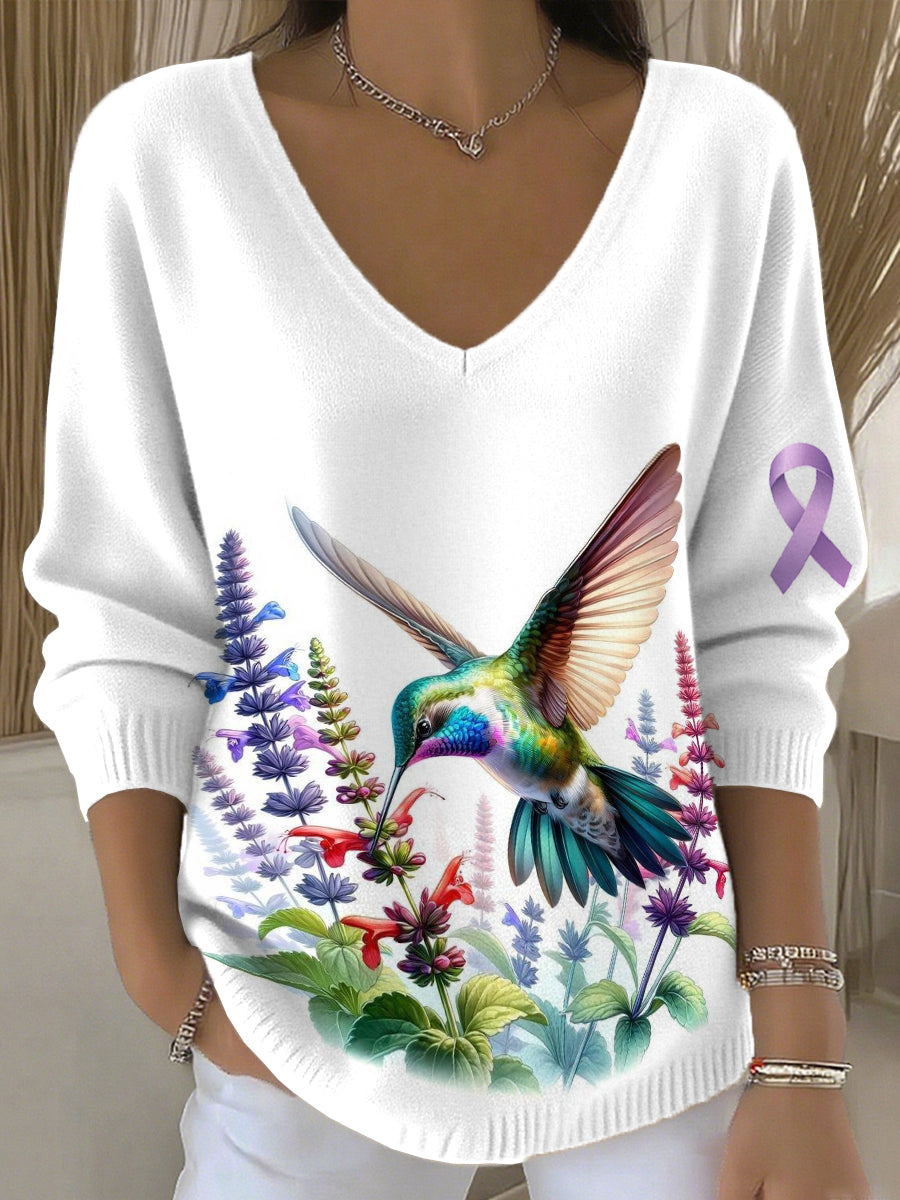 Women's Vintage Animal Floral Bird Art V-Neck Casual Top.