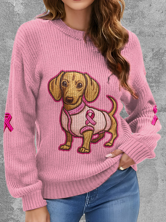 Womens' Breast Cancer Dog Printed Round Neck Comfortable Sweater