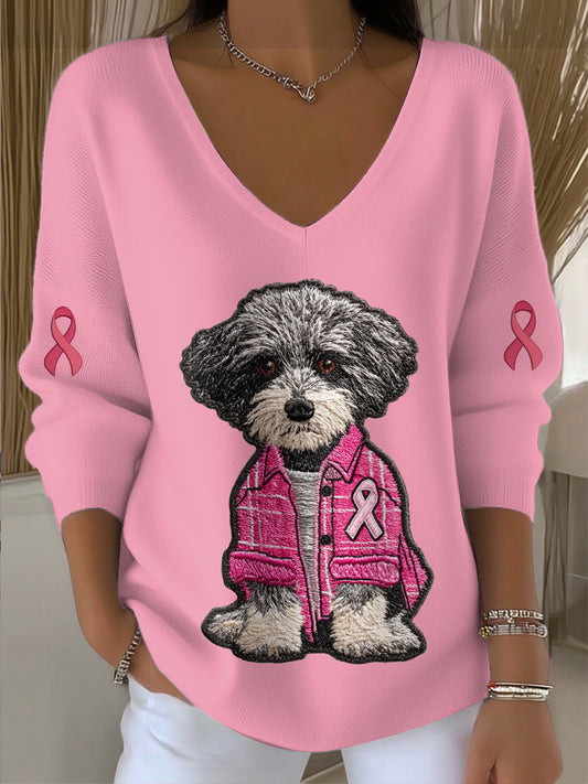 Women's Breast Cancer Dog Printed Knit V-Neck Pullover Sweater