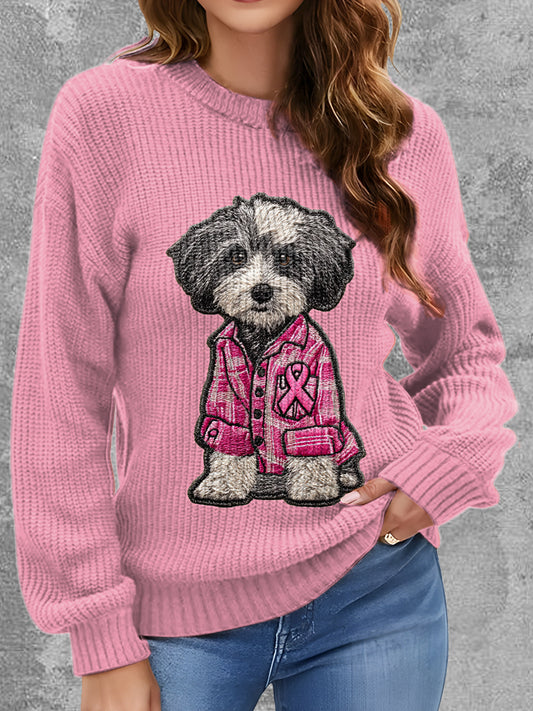 Womens' Breast Cancer Dog Printed Round Neck Comfortable Sweater