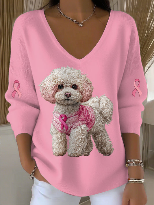 Women's Breast Cancer Dog Printed Knit V-Neck Pullover Sweater