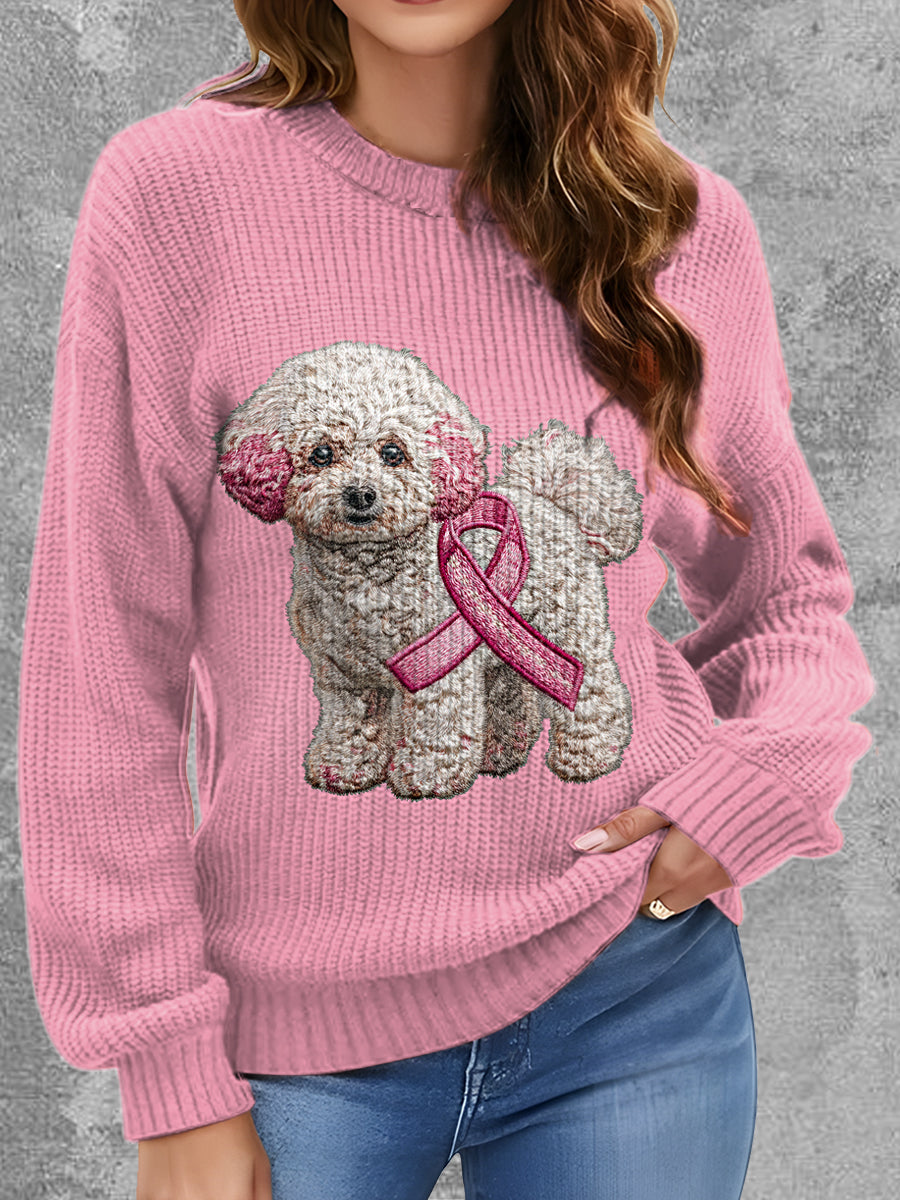 Womens' Breast Cancer Dog Printed Round Neck Comfortable Sweater