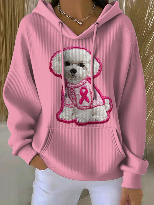Women's Breast Cancer Dog Printed Round Neck Long Sleeved Hoodie