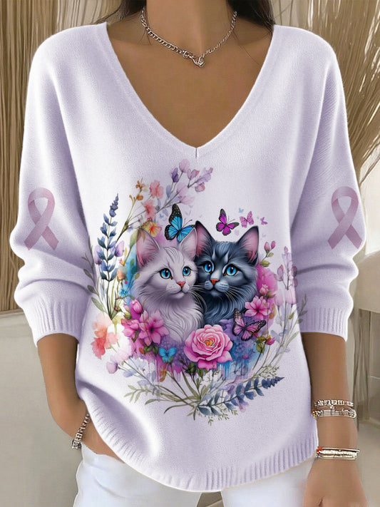 Ladies' V-Neck Floral Cat Pet T-Shirt
