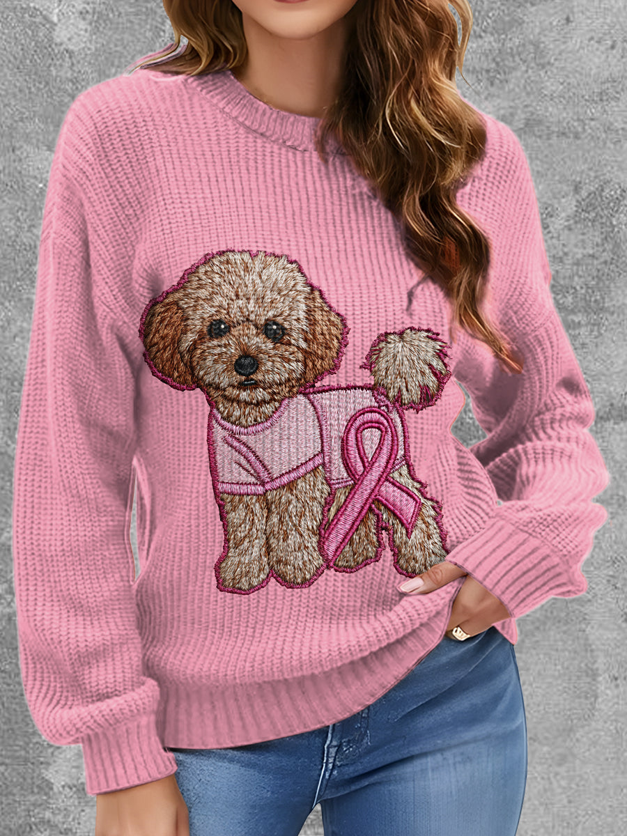 Womens' Breast Cancer Dog Printed Round Neck Comfortable Sweater