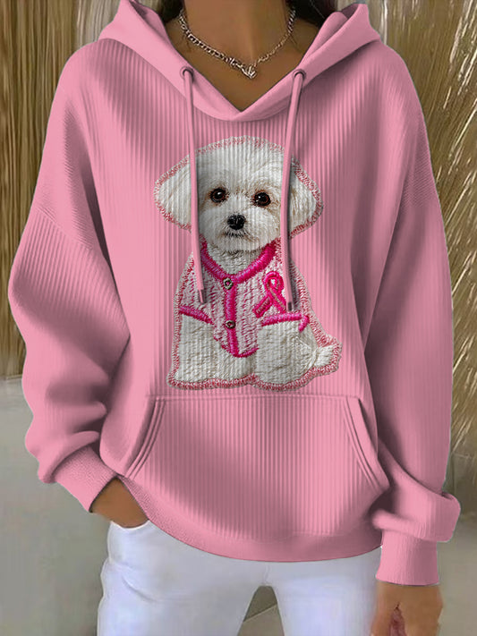 Women's Breast Cancer Dog Printed Round Neck Long Sleeved Hoodie