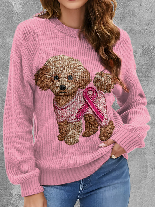 Womens' Breast Cancer Dog Printed Round Neck Comfortable Sweater