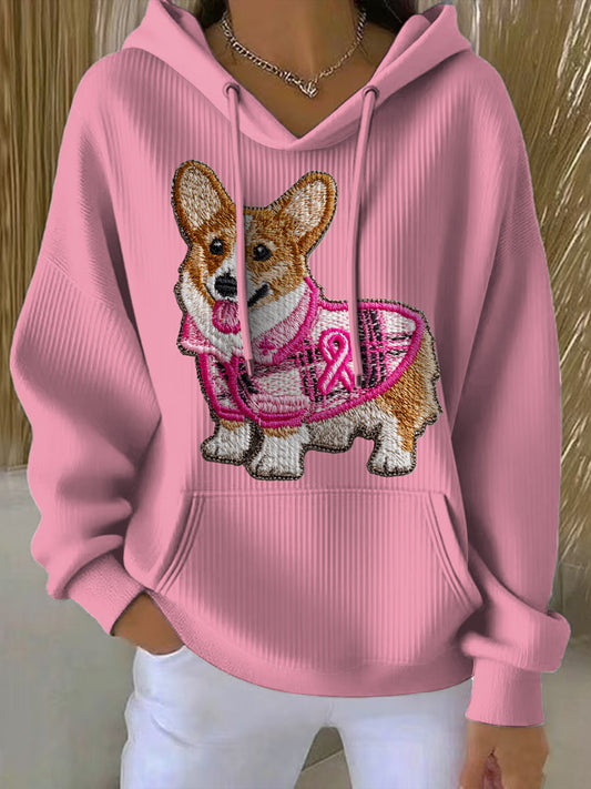 Women's Breast Cancer Corgi Printed Round Neck Long Sleeved Hoodie