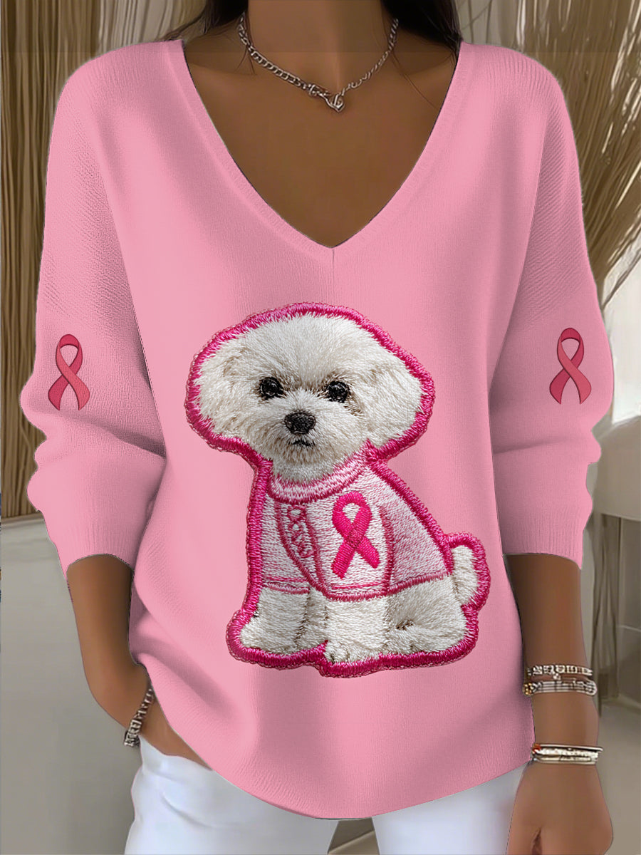 Women's Breast Cancer Dog Printed Knit V-Neck Pullover Sweater