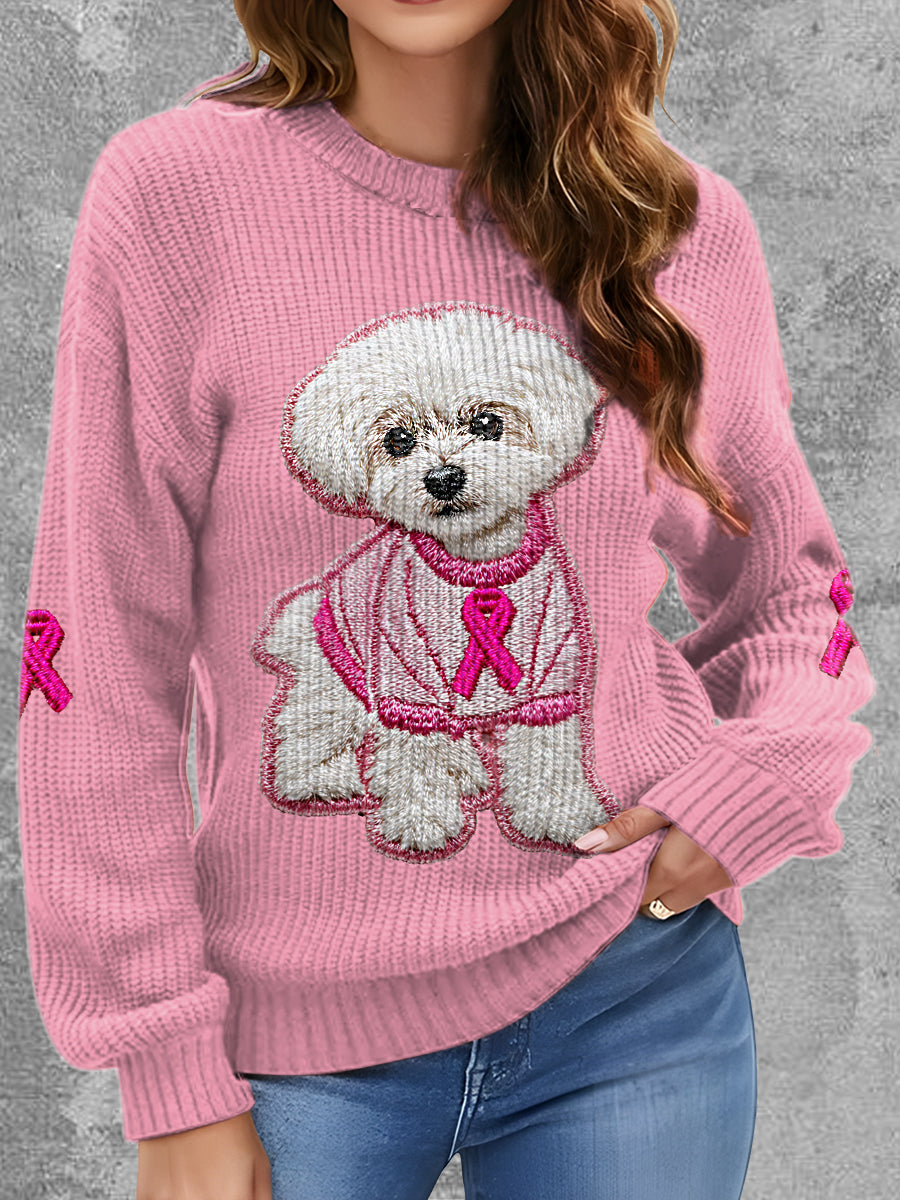 Womens' Breast Cancer Dog Printed Round Neck Comfortable Sweater