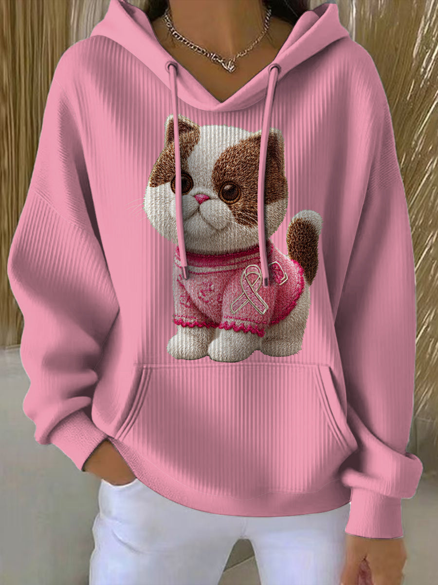 Women's Breast Cancer Cat Printed Round Neck Long Sleeved Hoodie