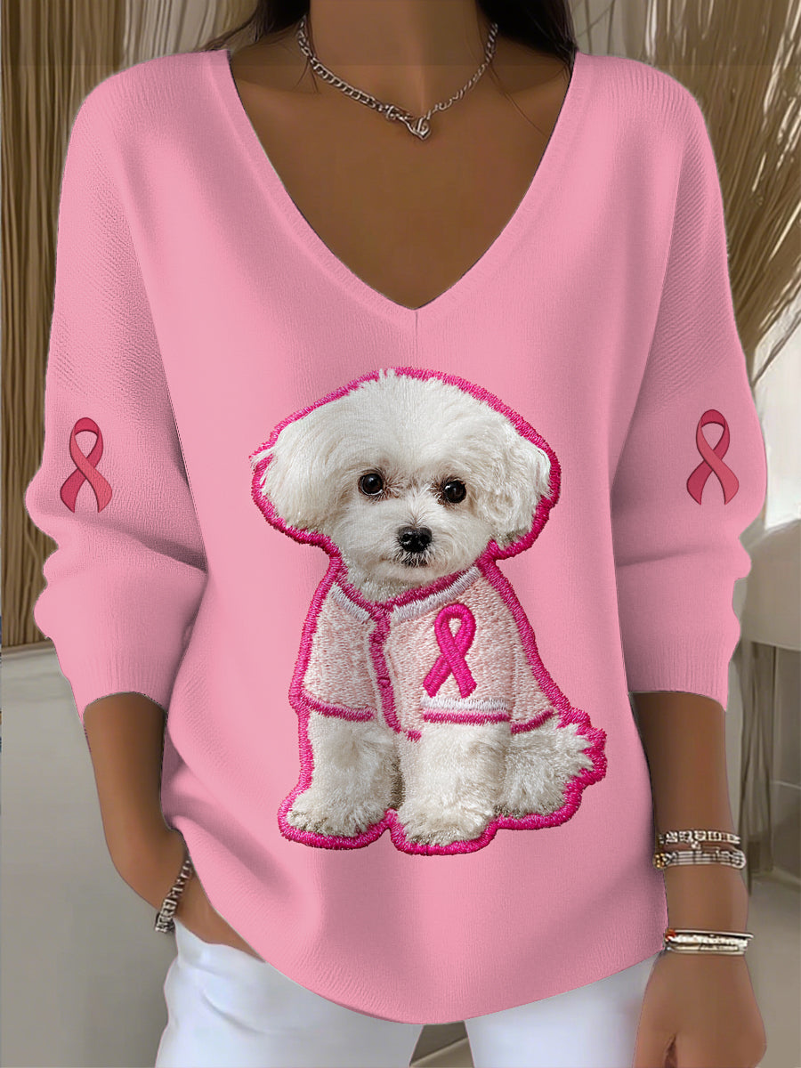 Women's Breast Cancer Dog Printed Knit V-Neck Pullover Sweater