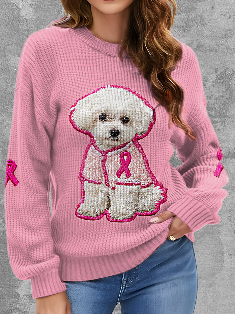 Womens' Breast Cancer Dog Printed Round Neck Comfortable Sweater