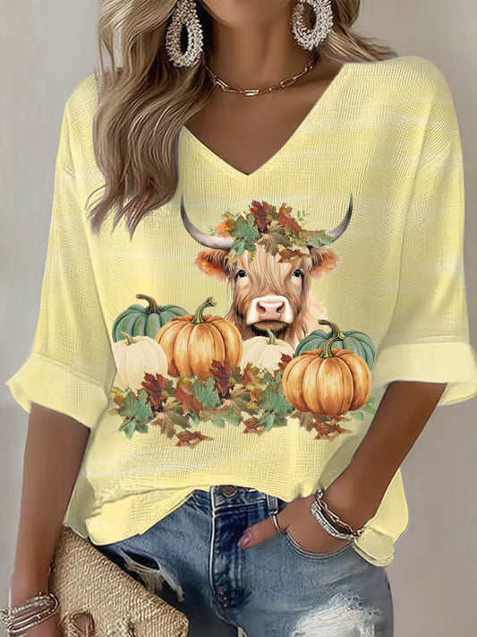 Women's Autumn Animal Highland Cow Print Casual T-shirt