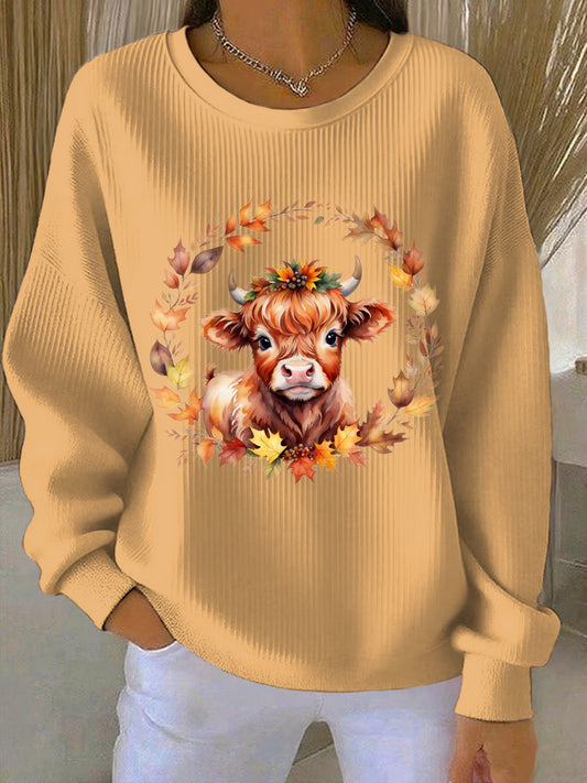 Women's Autumn Animal Highland Cow Print Casual Sweatshirt