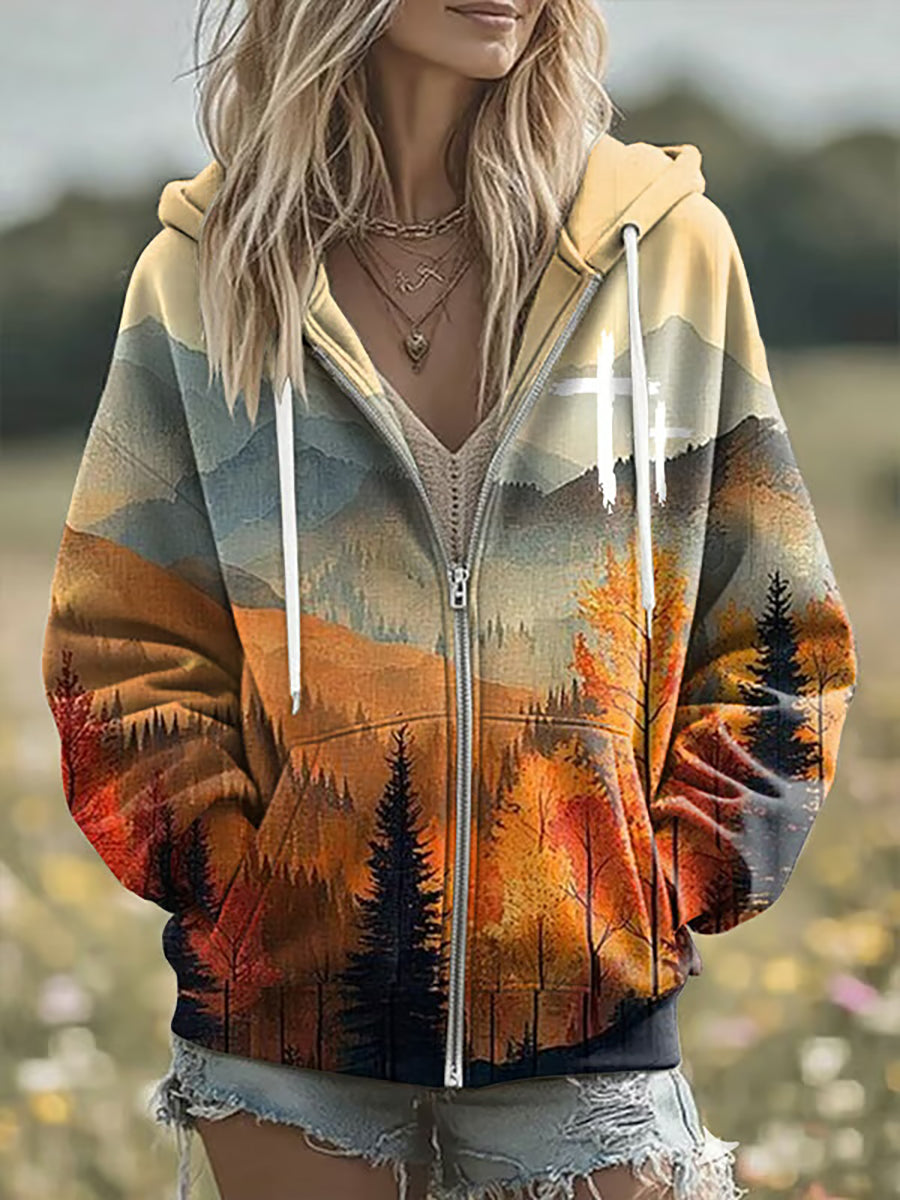 Women's Fall Faith Print Casual Zip-Up Top