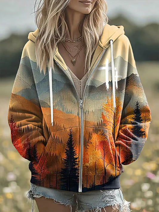 Women's Fall Faith Print Casual Zip-Up Top