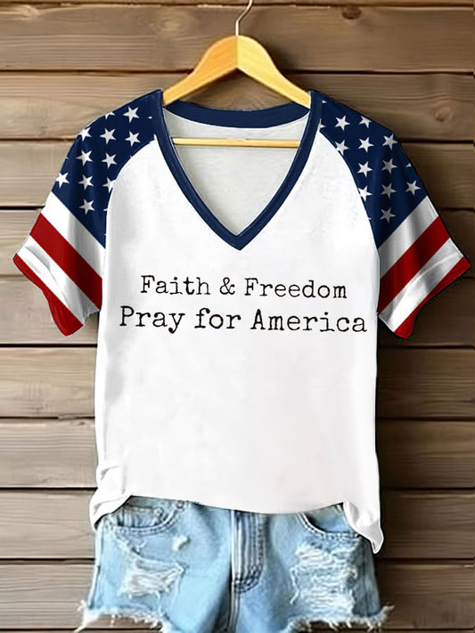 Women's Faith Freedom Pray For America Printed T-shirt