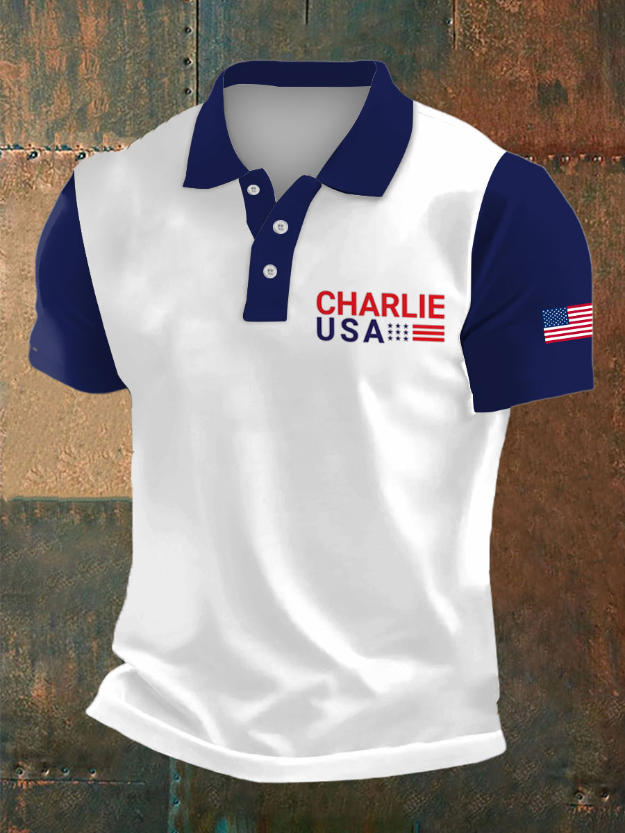 Men's Charlie Kirk Print Polo Collar Casual Short Sleeved Shirt