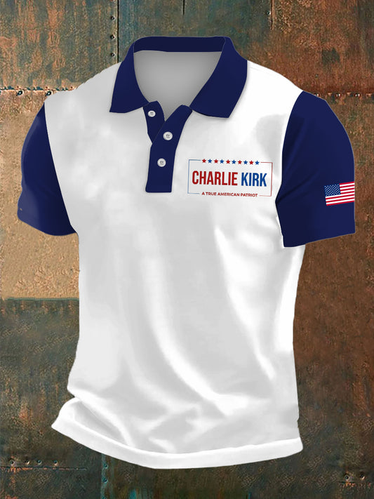 Men's Charlie Kirk Print Polo Collar Casual Short Sleeved Shirt