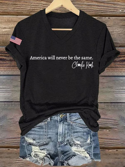 Women's Freedom American Flag Printed Commemorative T-shirt