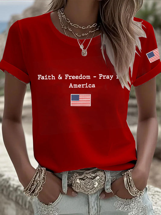 Women's Faith & Freedom Pray for America Printed Casual T-shirt