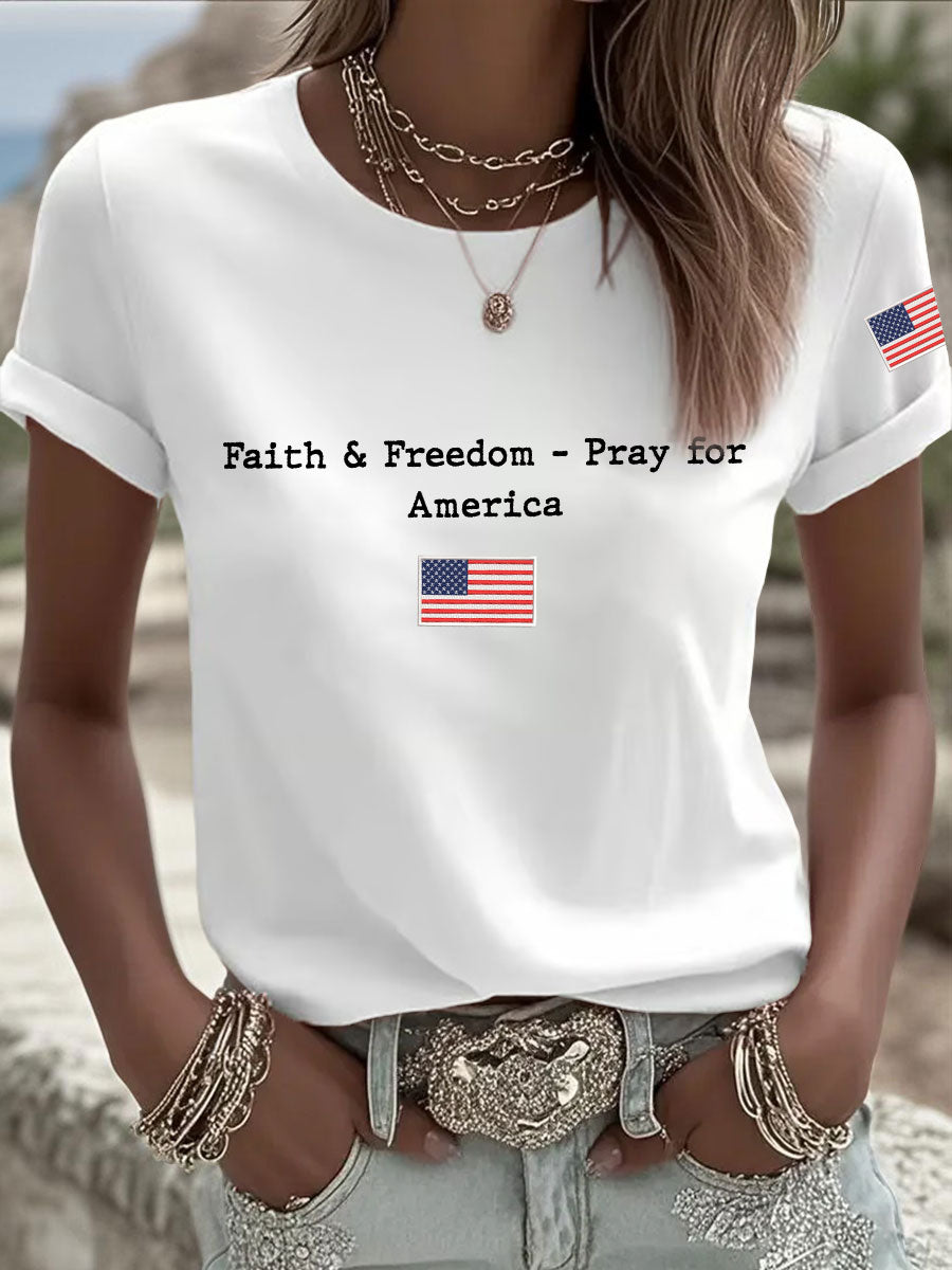 Women's Faith & Freedom Pray for America Printed Casual T-shirt