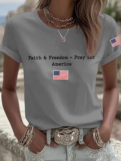 Women's Faith & Freedom Pray for America Printed Casual T-shirt