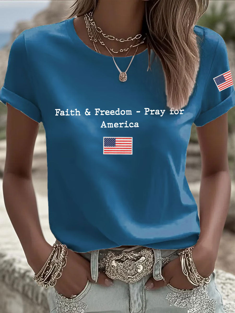 Women's Faith & Freedom Pray for America Printed Casual T-shirt