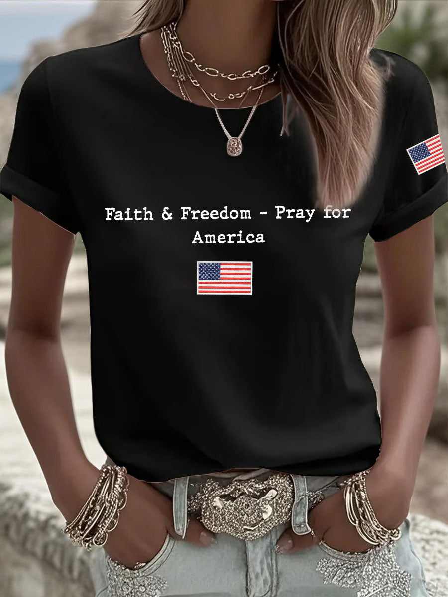 Women's Faith & Freedom Pray for America Printed Casual T-shirt