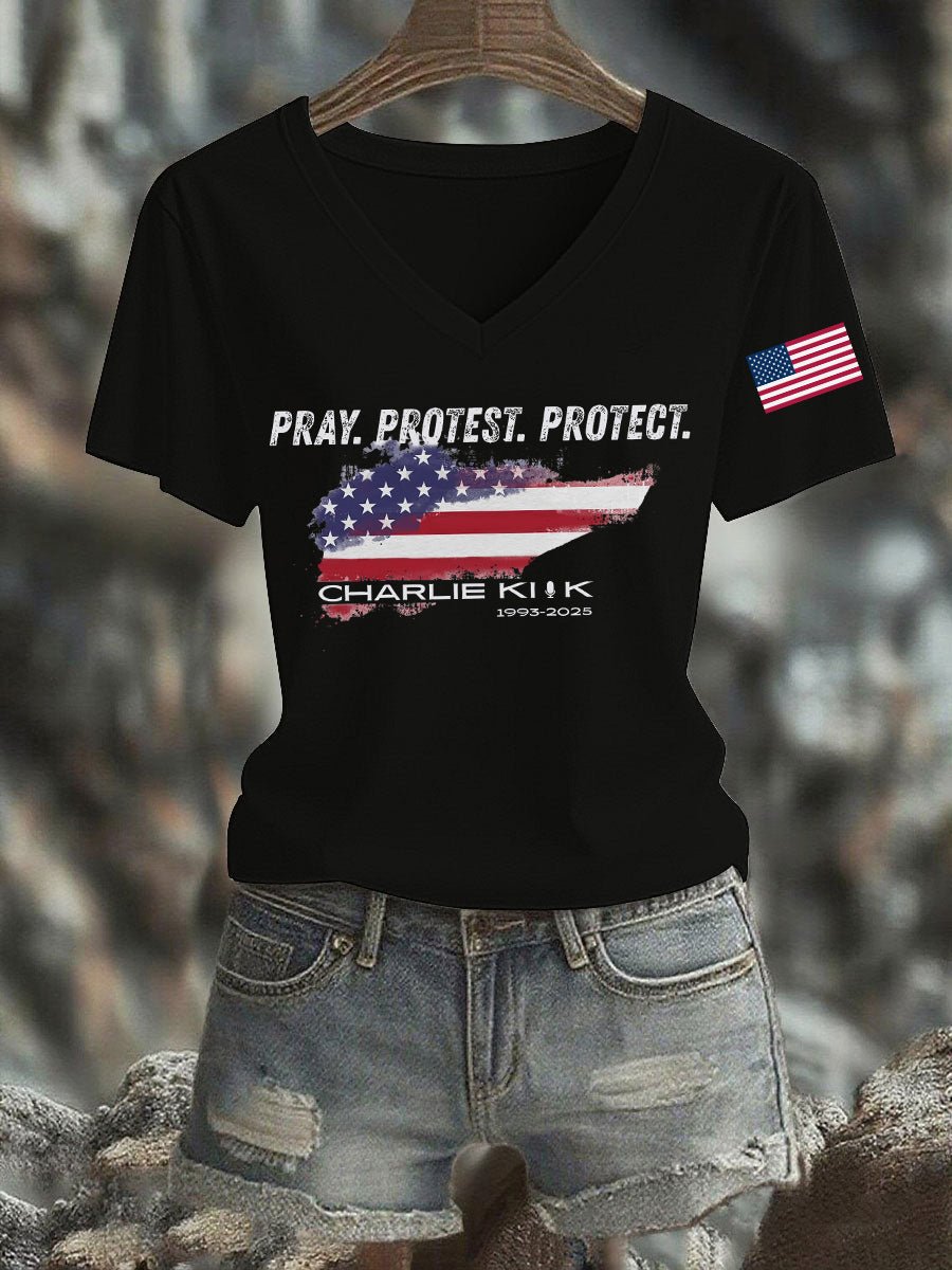Women's Pray Protest Protect Charlie Kirk Printed T-shirt